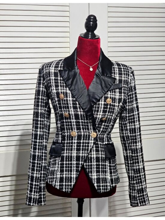 Rachel Parcell Jackets & Blazers - Rachel Parcell Women's Plaid Tweed Double Breasted Satin Lapel Blazer Sz 4 3151